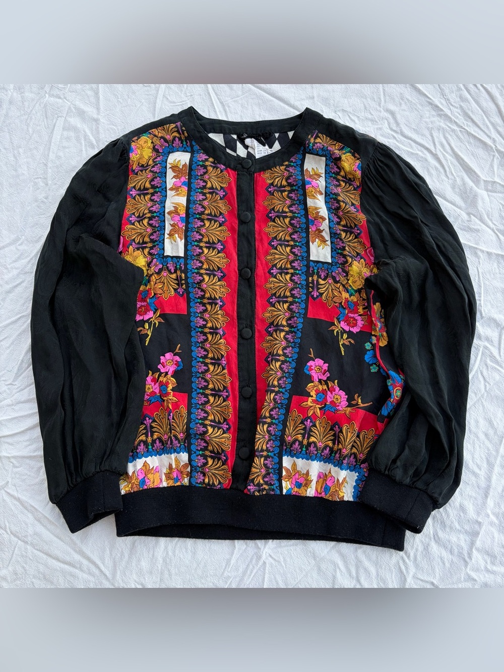 Vintage 80s Diane Freis 100% Silk Bomber Jacket, Floral Checker Pattern